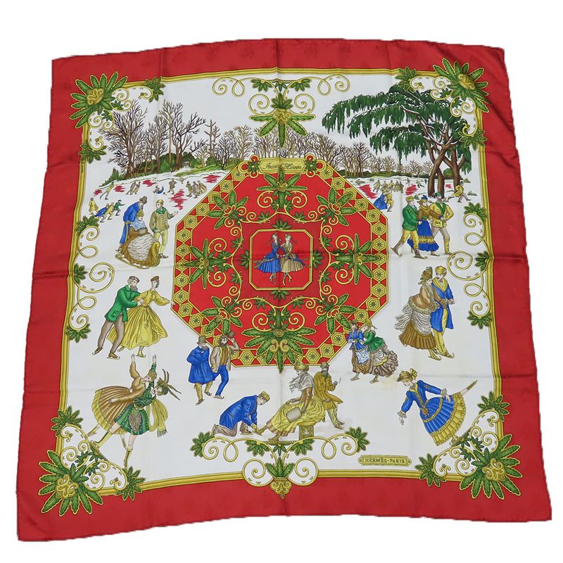 Hermes Scarf Carré 90 Joies D'hiver Winter Pleasures Silk Red Ivory Gold Large