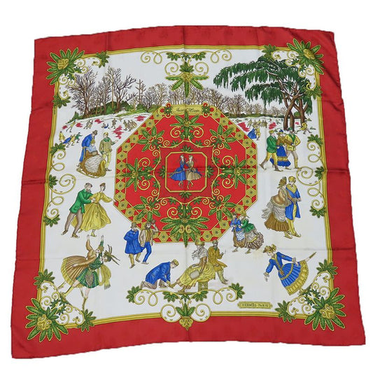 Hermes Scarf Carré 90 Joies D'hiver Winter Pleasures Silk Red Ivory Gold Large