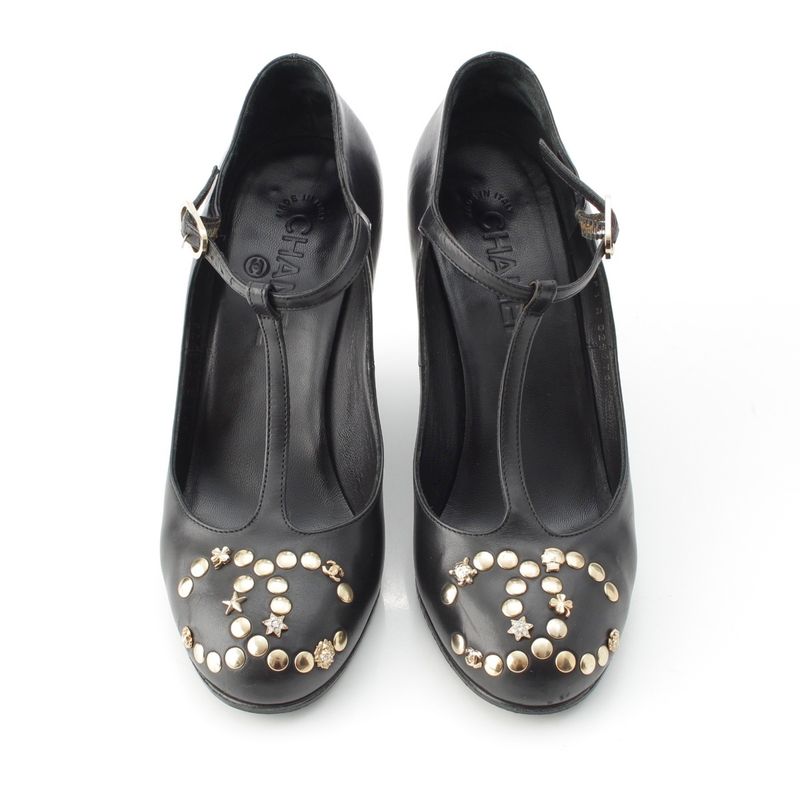 Chanel Coco Mark Bijoux Studded Heel Shoes Pumps Black 37