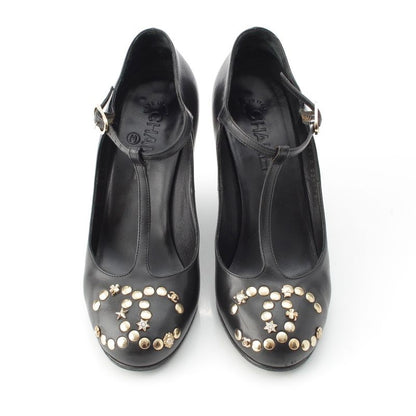 Chanel Coco Mark Bijoux Studded Heel Shoes Pumps Black 37