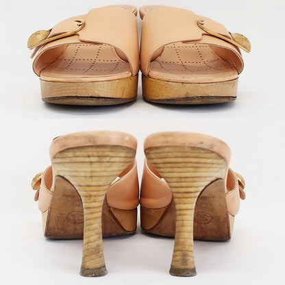 Chanel Sandals Mule Wood Button Coco Mark Pink Beige Size 35.5 22.5cm