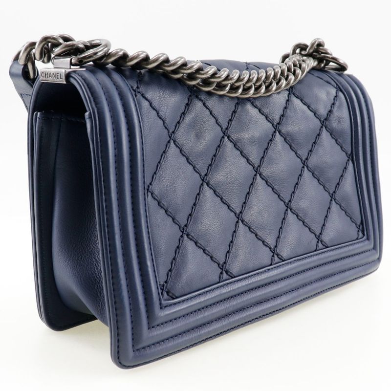 Chanel Boy Chanel Chain Shoulder Matelasse Lambskin Navy Blue Ladies Shoulder