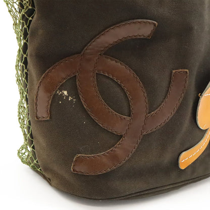 Chanel Fishnet Rope Coco Mark Camellia Tote Handbag Canvas Leather Wood Black