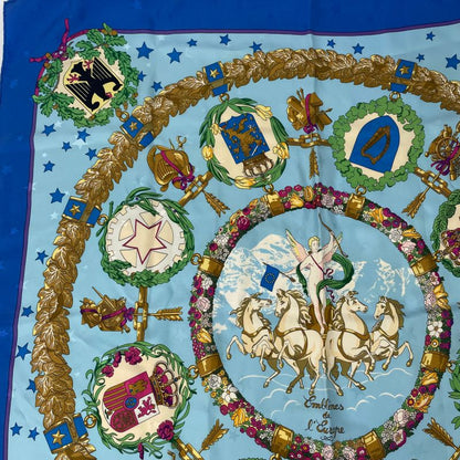 Hermes Carre 90 Emblemes De L'europe European Emblem Scarf Silk Blue