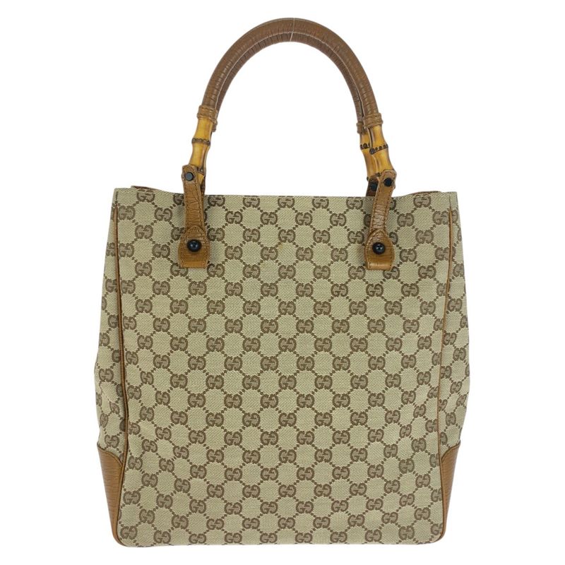 Gucci Bamboo Beige Brown Black Hardware GG Canvas 112530 Tote Bag Shoulder Bag