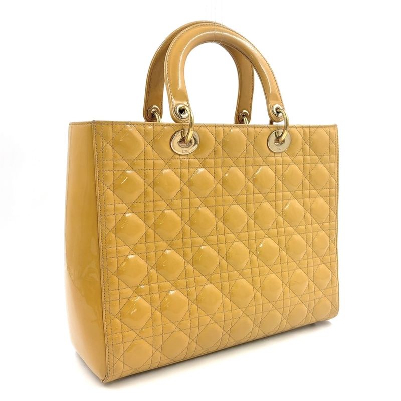 Christian Dior Canage 2WAY Shoulder Bag Enamel Leather Beige Handbag Gold