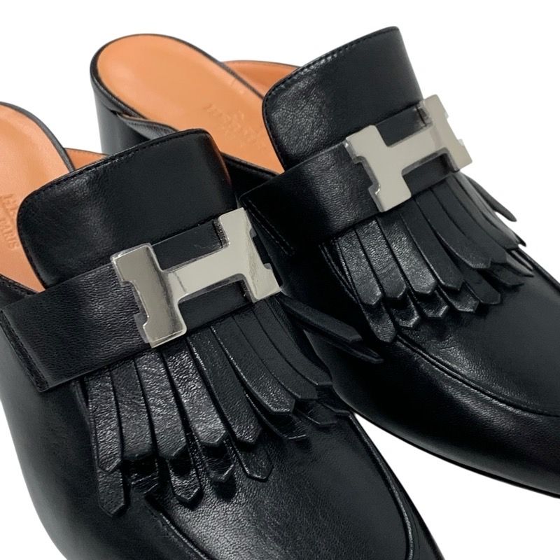 Hermes Cheilly Loafer Leather Shoes Leather Black Silver Hhardware Constance