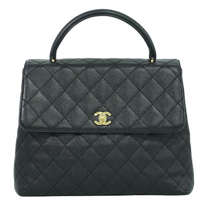 Authentic Chanel Coco Mark Matelasse Turnlock Handbag Caviar Skin Leather Black