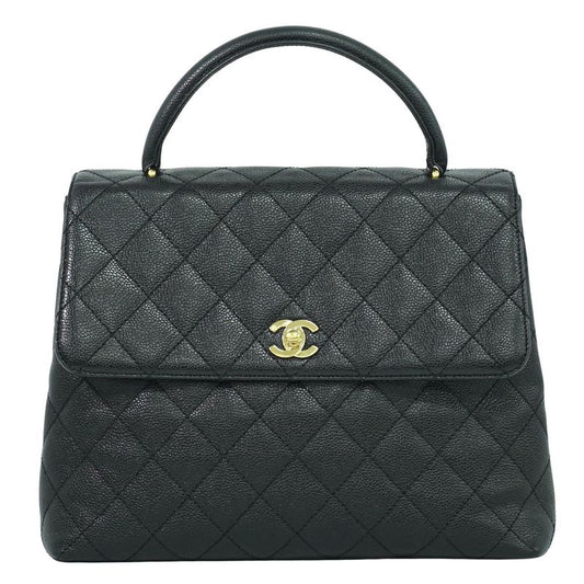 Authentic Chanel Coco Mark Matelasse Turnlock Handbag Caviar Skin Leather Black