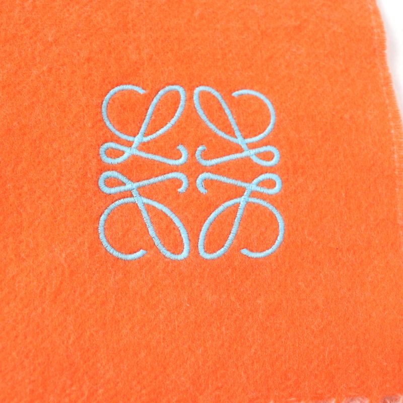 LOEWE Wool Cashmere Blend Anagram Embroidered Fringed Scarf Orange Made In