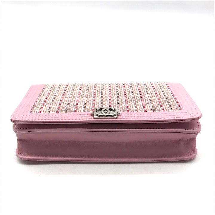 Chanel CC Logo Line Stone Chain Wallet Shoulder Bag Pink
