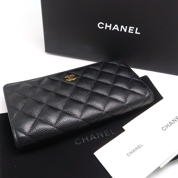 Chanel Bifold Long Wallet A31509 Caviar Skin Black Gold Hardware Coco Mark