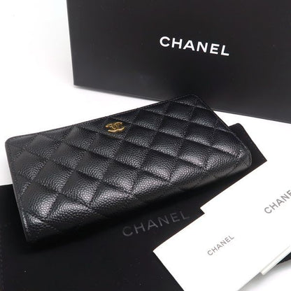 Chanel Bifold Long Wallet A31509 Caviar Skin Black Gold Hardware Coco Mark