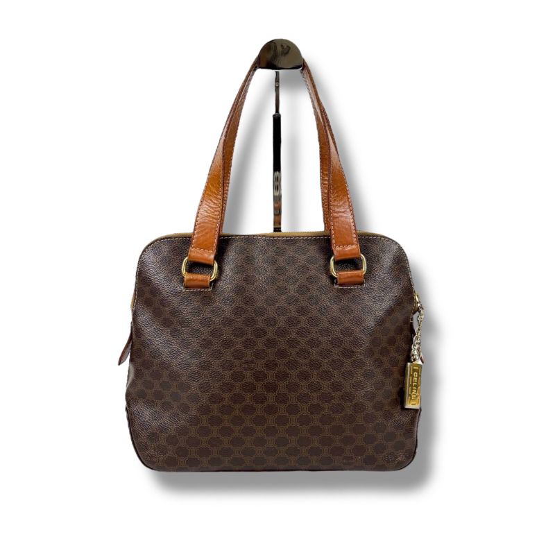 Celine Mini Tote Handbag With Macadam Pattern Triomphe Brown Pvcleather Charm