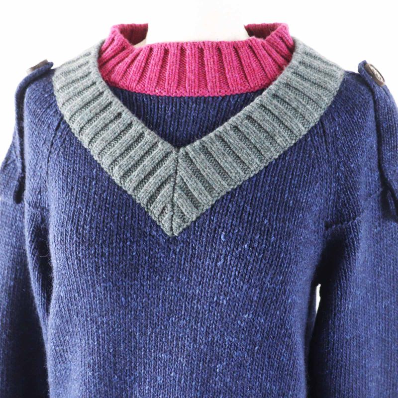 CHANEL P44484 Cashmere Silk Long Sleeve Knit Pullover Layered Style Navy Pink