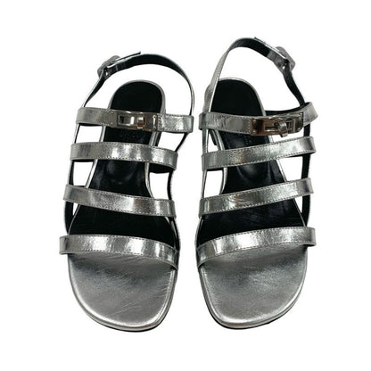 Hermes Transat Sandals Shoes Leather Silver Flat Sandals Kelly Hardware
