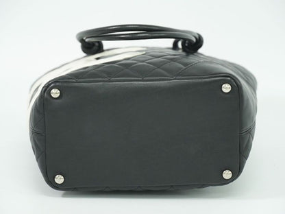 Authentic Chanel Coco Mark Cambon Line Tote Handbag Leather Black White Cambon
