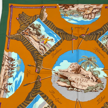 Hermes Carre 90 Scarf Silk LA Chasse En Afrique African Hunt Green