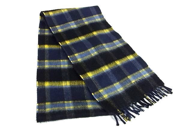 Prada 100% Cashmere Checkered Fringe Scarf Men's And Women's Navy And