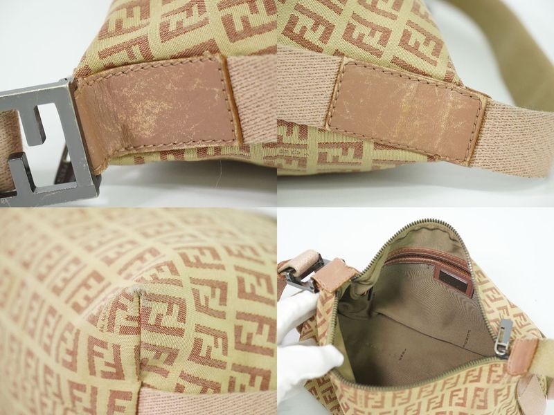 Authentic Fendi Zucchino Shoulder Bag Pochette Canvas Beige Pink 8br319