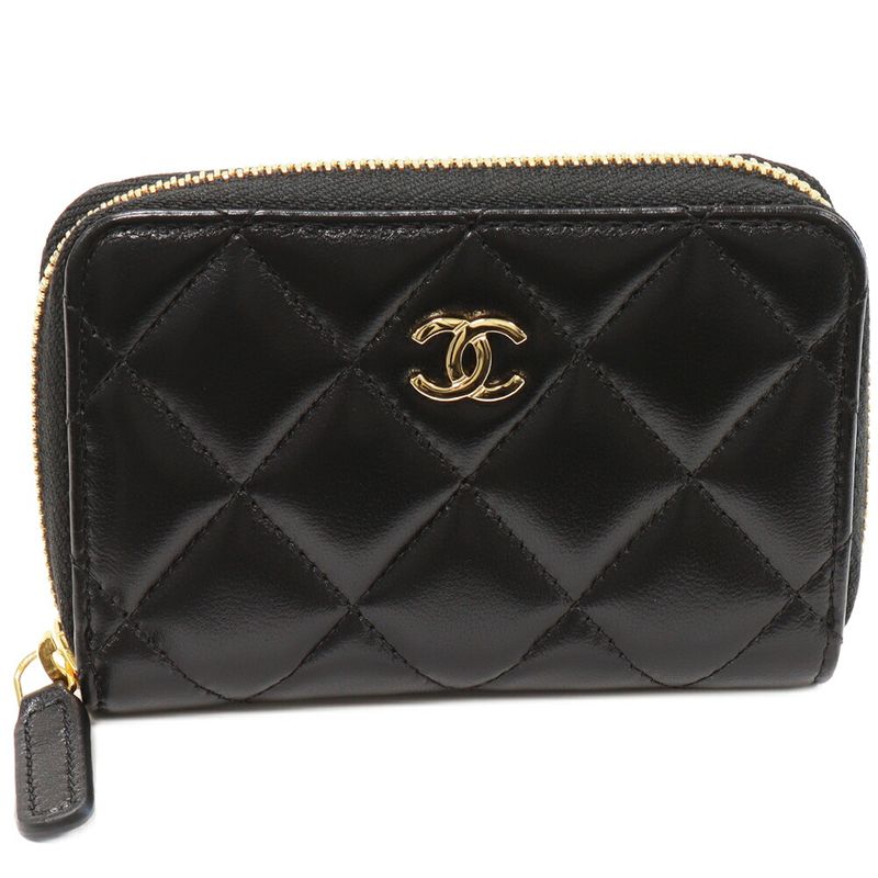 Chanel Coin Case Matelasse Classic Zip Coin Purse Lambskin Black Gold Hardware