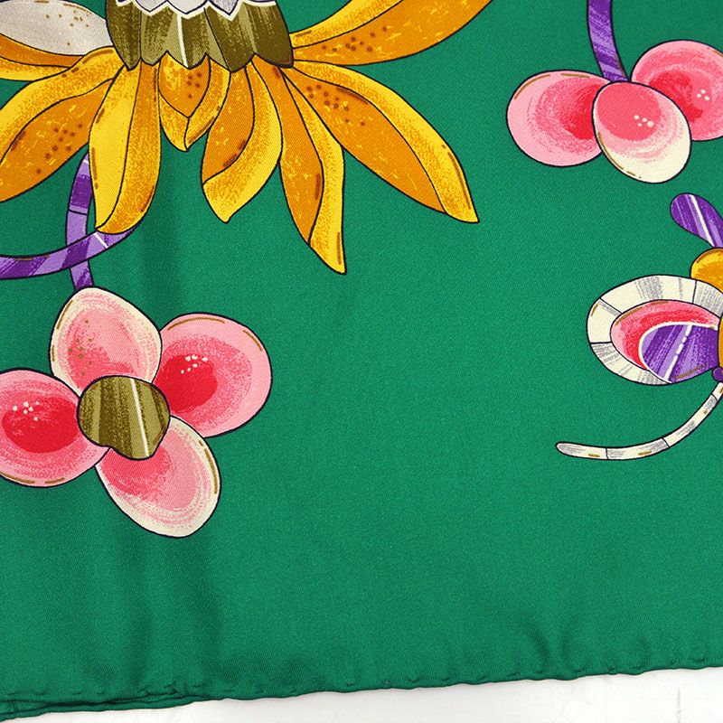 Chanel Silk Scarf Green Flower Floral Pattern Butterfly Coco Mark