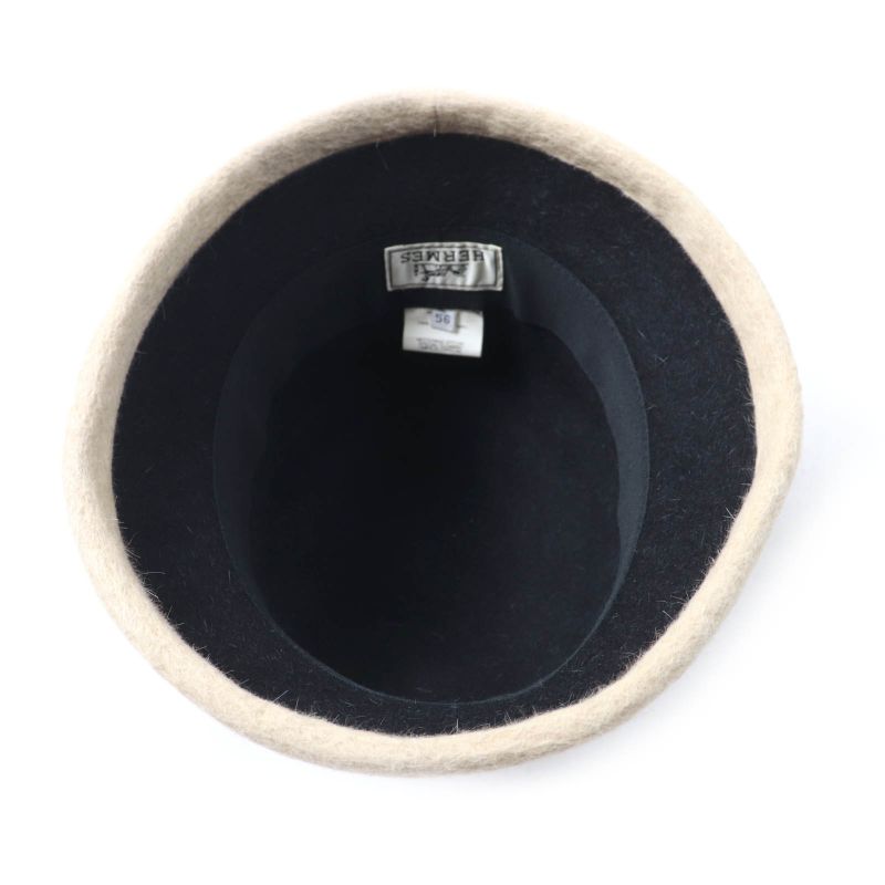 Hermes 100% Wool None Felt Hat Bucket Hat Black Beige 56 Genuine