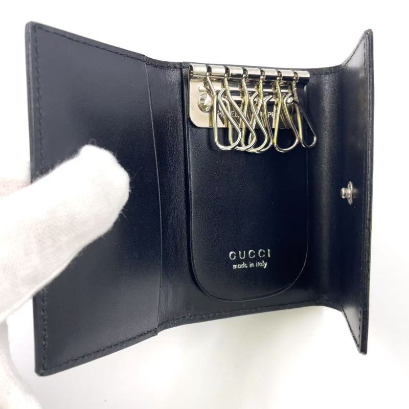 Gucci G Logo Leather Black Key Case Silver 0330416