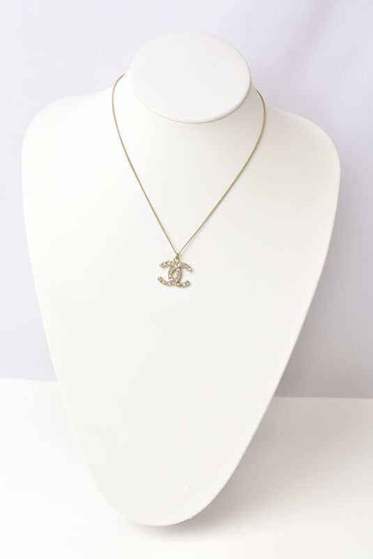 Chanel Necklace Pendant Chanel Coco Mark CC Rhinestone Vintage Gold B12