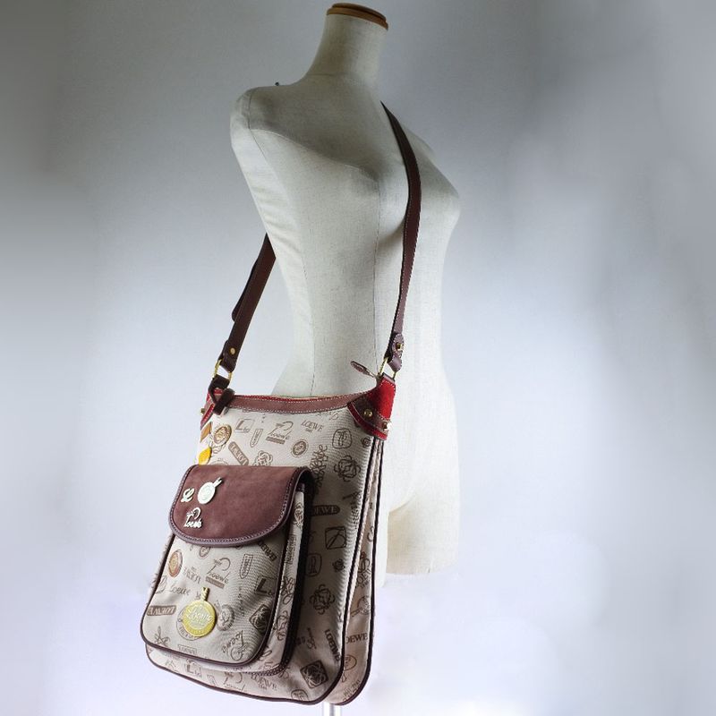 Loewe Pin Badge Suede Brown Women's Shoulder Bag