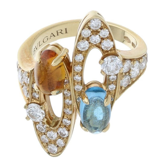 Bulgari Elysia 18K Yellow Gold Yellow Gold Citrine Blue Topaz Ring Women's 10