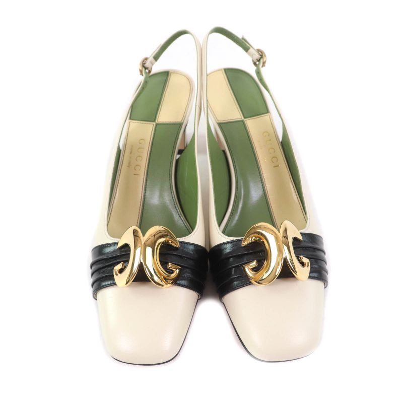 Gucci 572232 Half Moon GG Back Strap Square Toe Leather Pumps Ivory 37 Storage