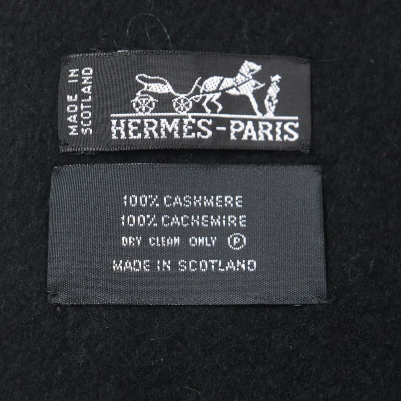Hermes 100% Cashmere Logo Embroidery Fringed Large Shawl Scarf Black Made In