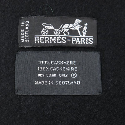 Hermes 100% Cashmere Logo Embroidery Fringed Large Shawl Scarf Black Made In
