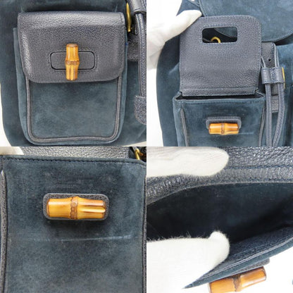 Gucci Backpack Daypack 003.58.0016 Bamboo Suede Leather Navy Gold Hardware
