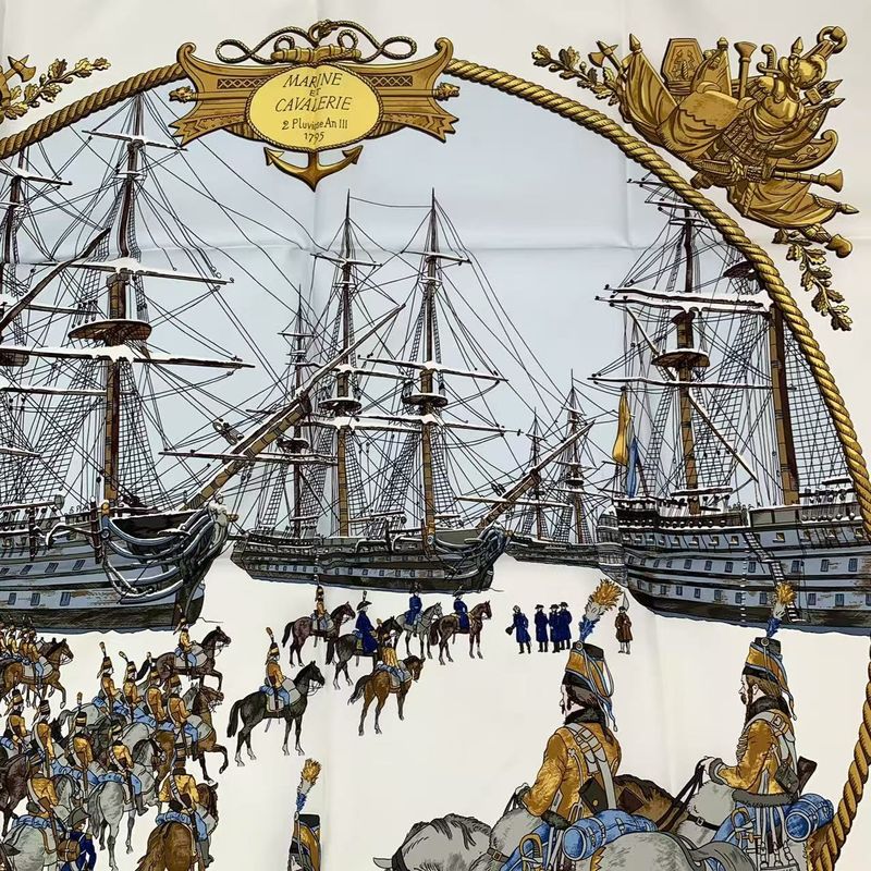 Hermes Carre 90 Marine ET Cavalerie Sea And Cavalry Silk Scarf White