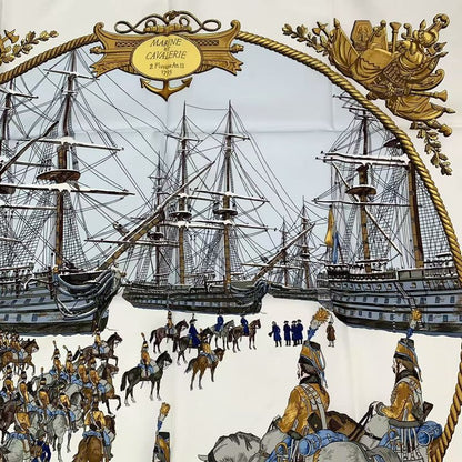 Hermes Carre 90 Marine ET Cavalerie Sea And Cavalry Silk Scarf White