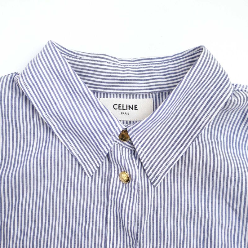 Celine 23ss Cotton Linen Striped Blouse Shirt 2t249042q Blue and White L
