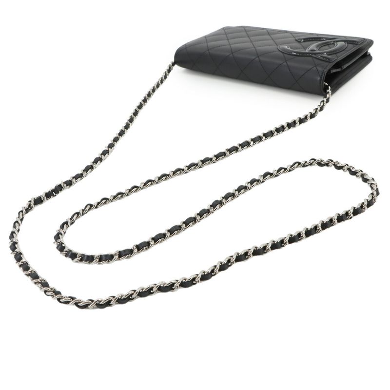 Chanel Cambon Line Chain Wallet Foldable Long Wallet Leather Enamel Black