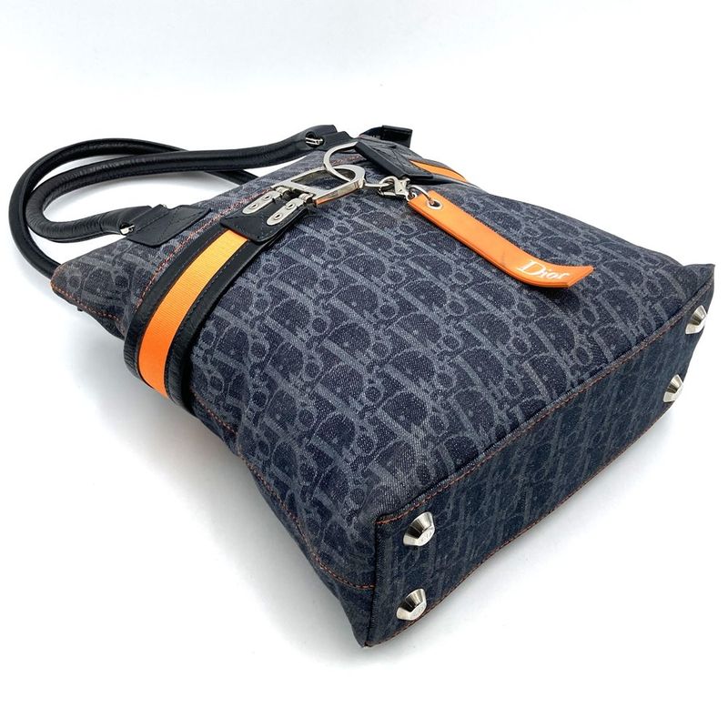 DIOR Tote Bag Trotter Flight Line Navy/orange Canvas Leather Women's