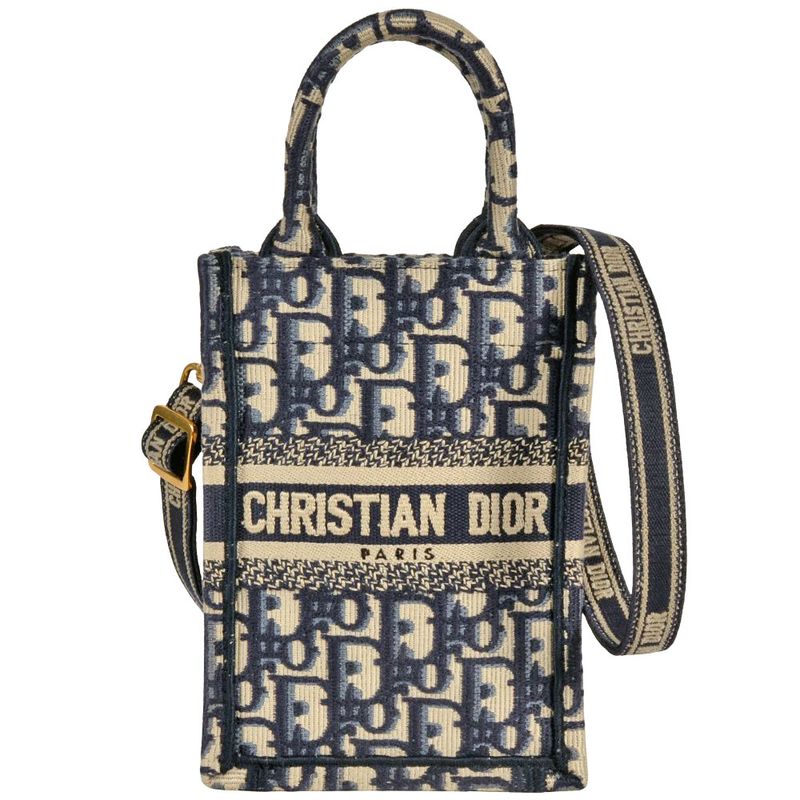 Dior Book Tote Mini Vertical Handbag 2WAY Canvas Blue With Shoulder Strap
