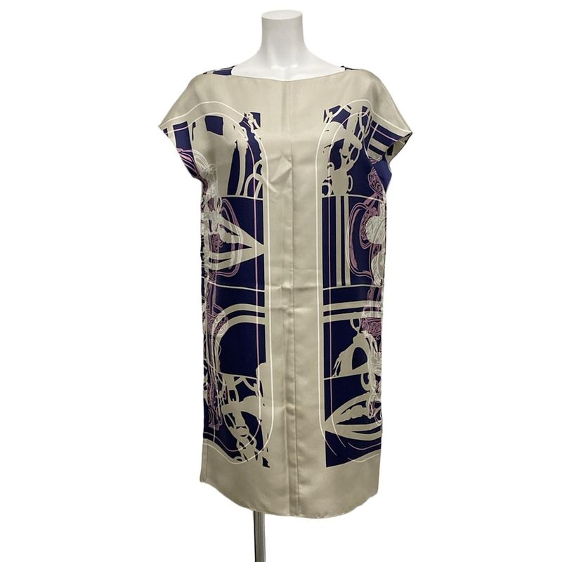 Hermes Dress Size 34 S Women - Grey Beige X Dark Navy X Multi Short Sleeves/knee