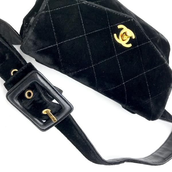 Chanel CC Logo Velour Quilted Waist Pouch Black