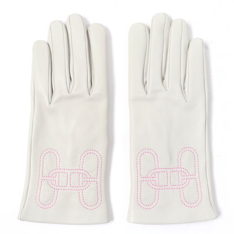 Hermes Lamb Leather Lined 100% Silk Chaine D'ancre H Motif Gloves Light Gray