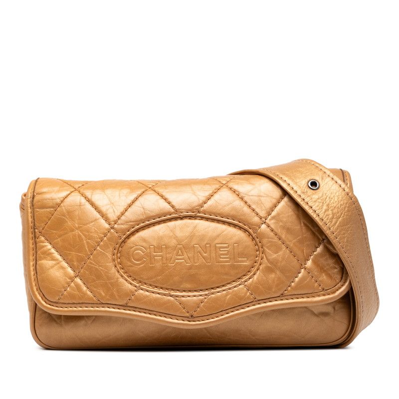 Chanel Matelasse Wild Stitch Vintage Crossbody Shoulder Bag Gold Leather Women