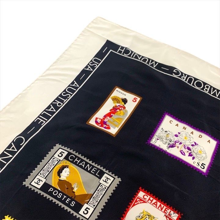 Chanel CC Logo Large Scarf Silk Worl Pattern Black Red White