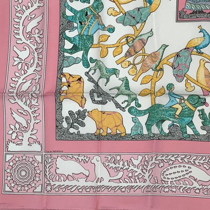 Hermes Carree 90 Early America Old America Animal Print Scarf Silk Pink With Bag