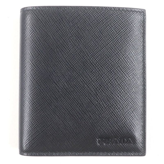 Prada 2mo004 Logo Plate Saffiano Martic Leather Bifold Card Case Billfold Nero
