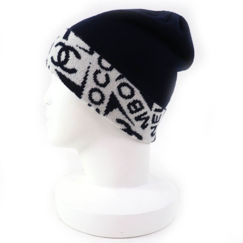 CHANEL Cashmere Cotton Coco-mark Logo Knit Hat Knit Cap Navy White Made In