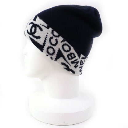 CHANEL Cashmere Cotton Coco-mark Logo Knit Hat Knit Cap Navy White Made In